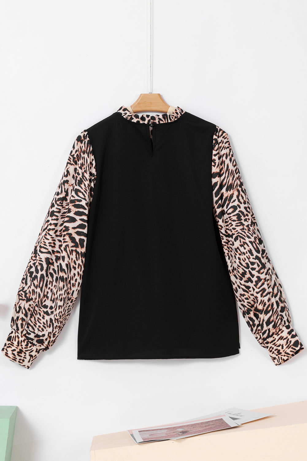 Black Leopard Print Lantern Sleeve Back Keyhole Blouse