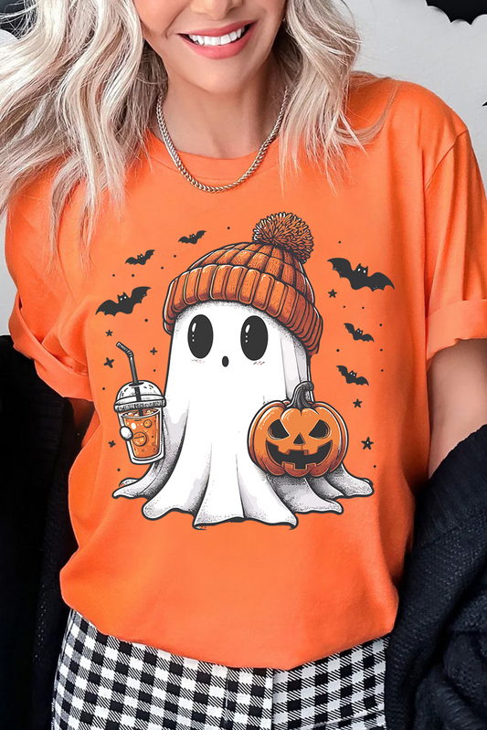 Orange Cute Ghost Pumpkin Print Halloween T Shirt