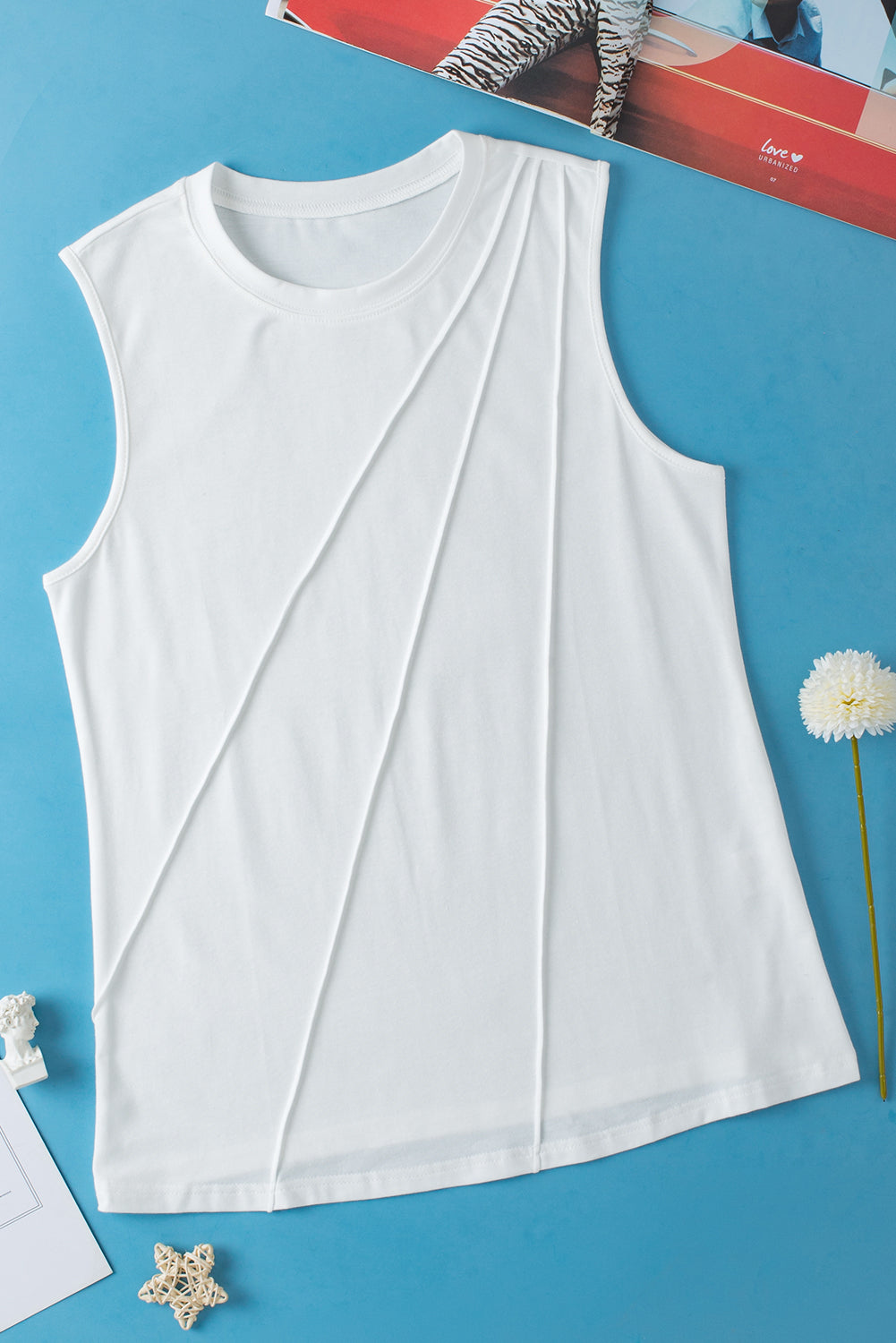 White Solid Color Crew Neck Pleated Tank Top