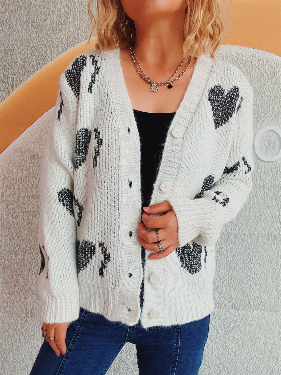 Heart Button Up Long Sleeve Cardigan