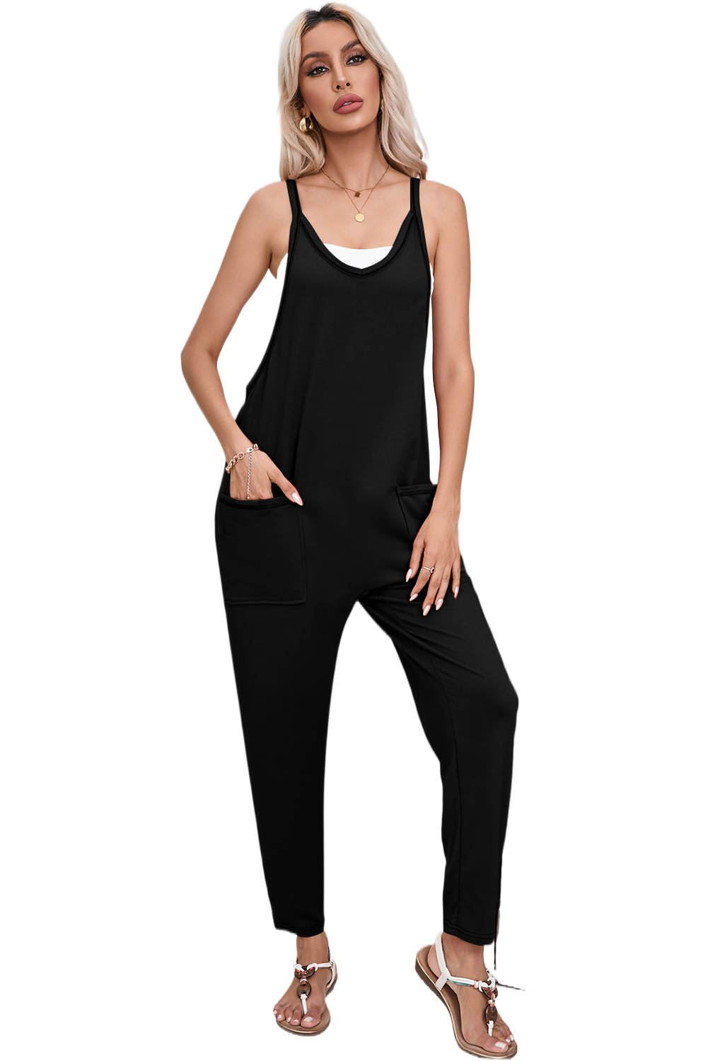 Black Side Pockets Harem Pants Sleeveless V Neck Jumpsuit