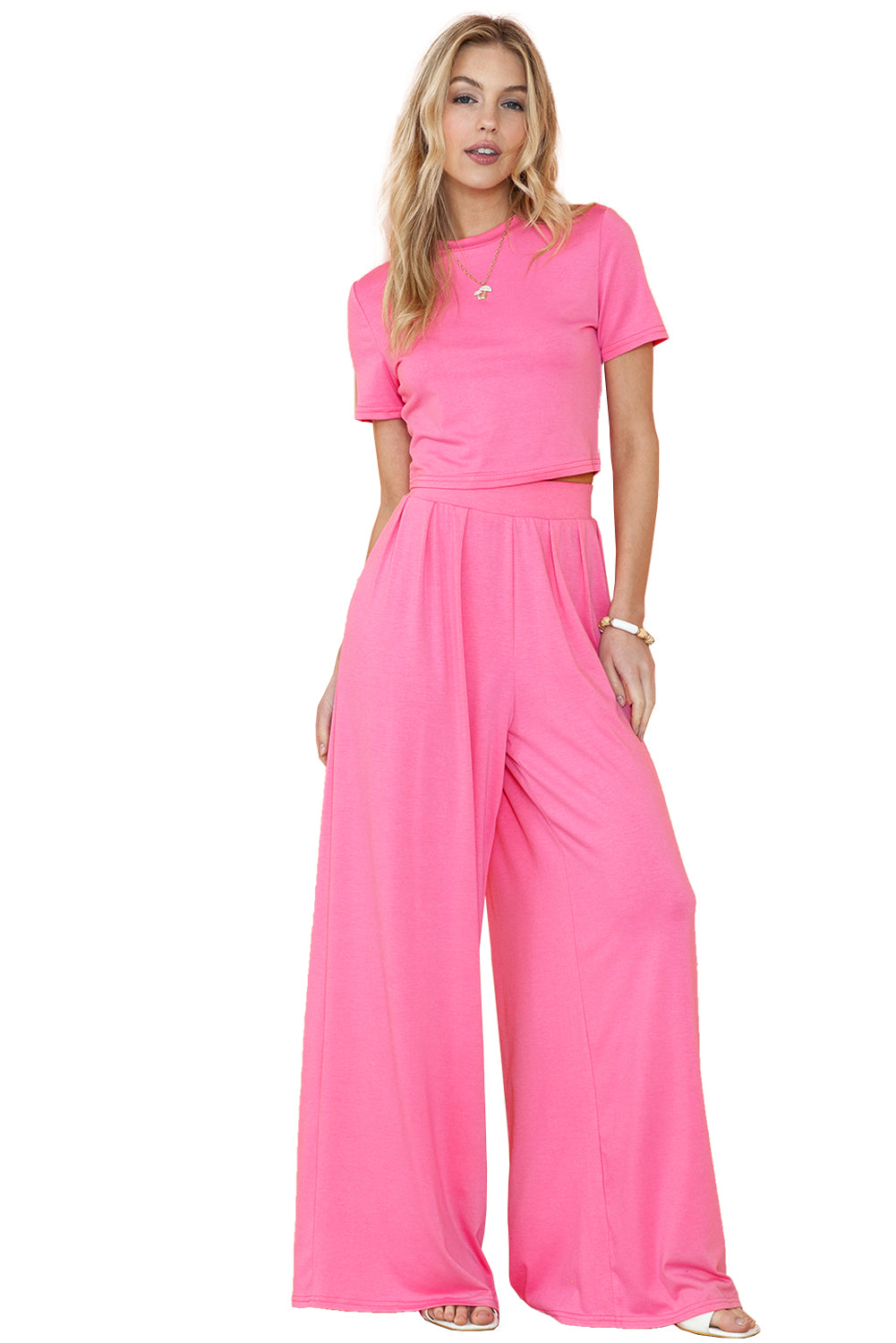 Strawberry Pink Plain Slim Fit Crop Top And Wide Leg Pants Set