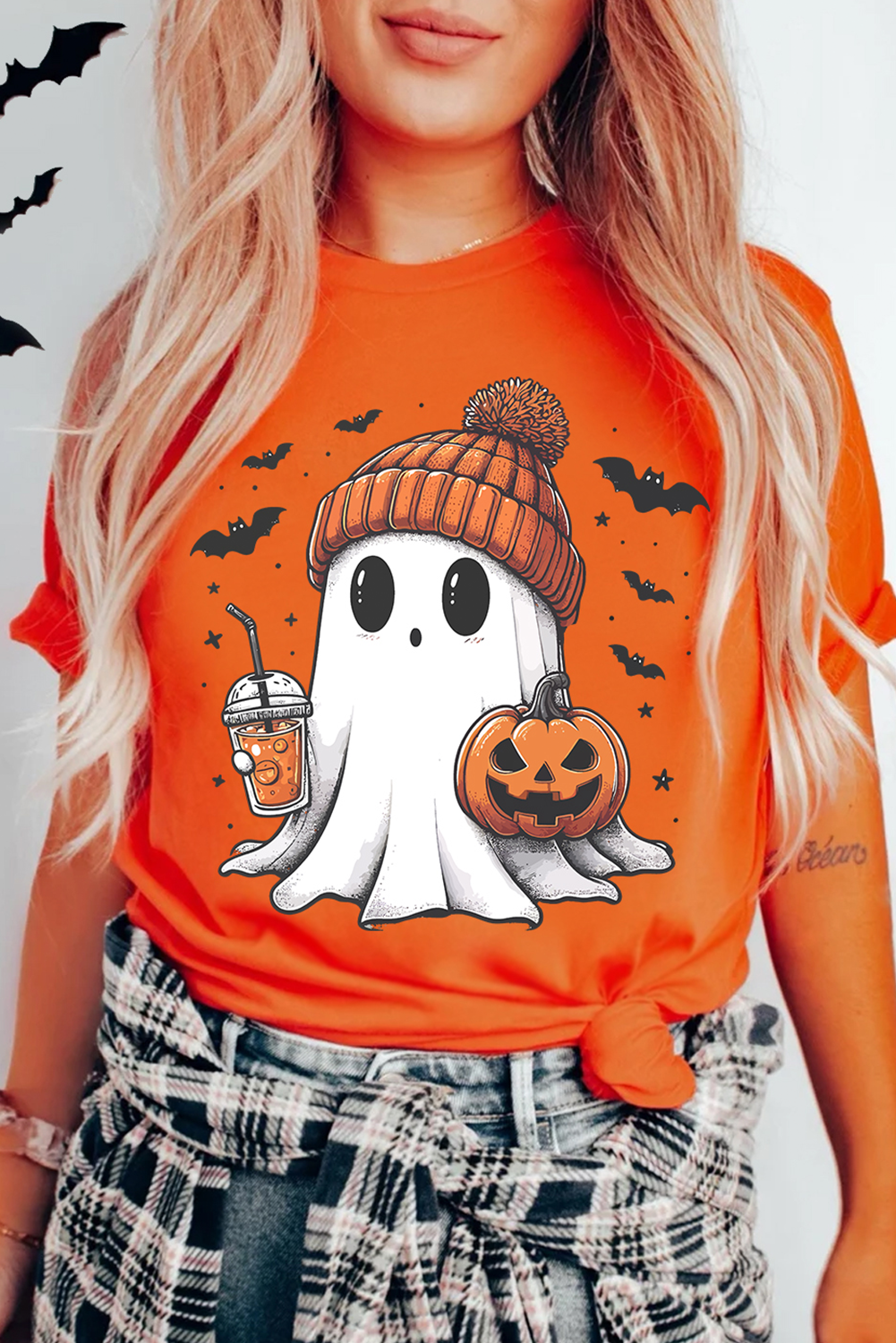 Orange Cute Ghost Pumpkin Print Halloween T Shirt