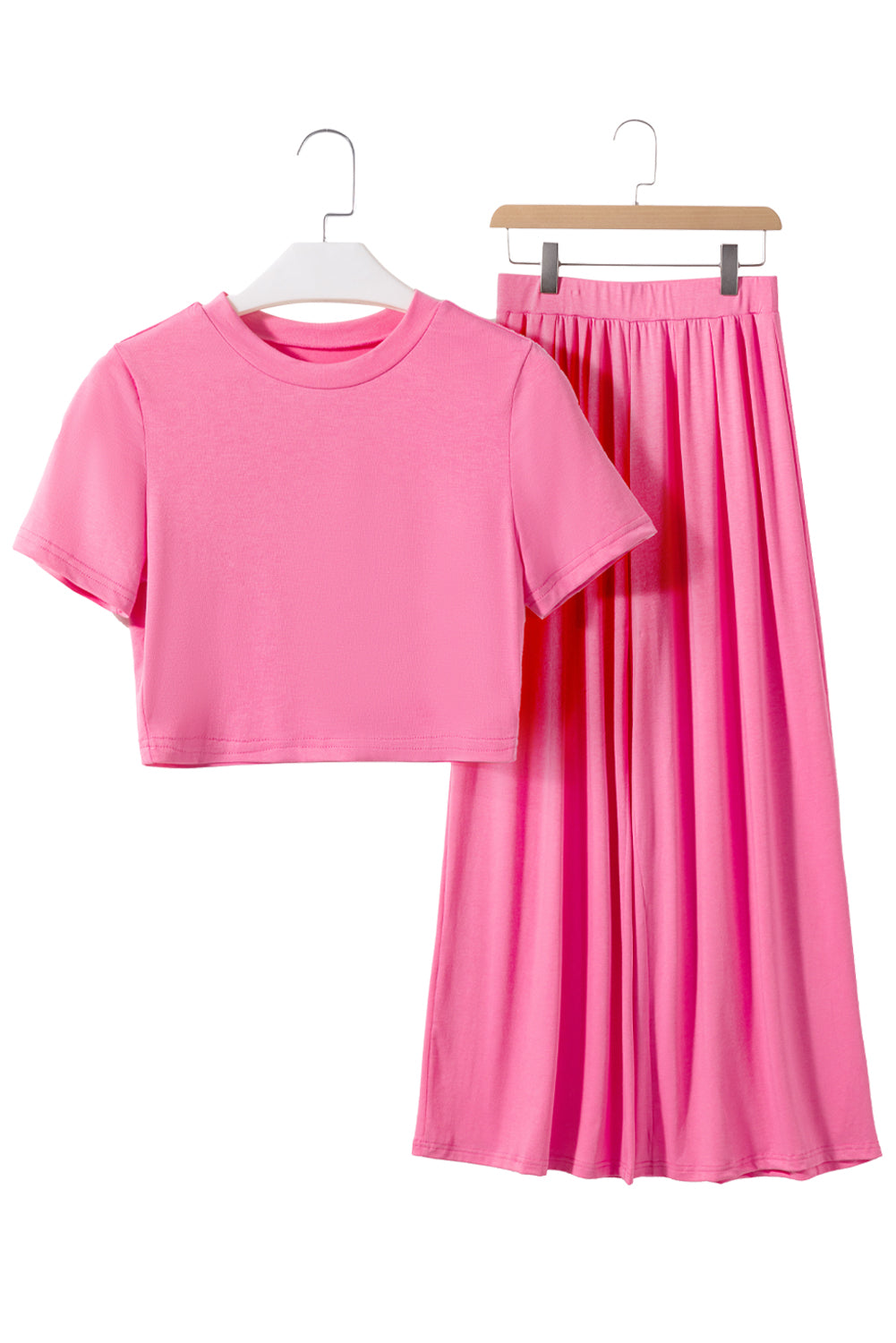 Strawberry Pink Plain Slim Fit Crop Top And Wide Leg Pants Set