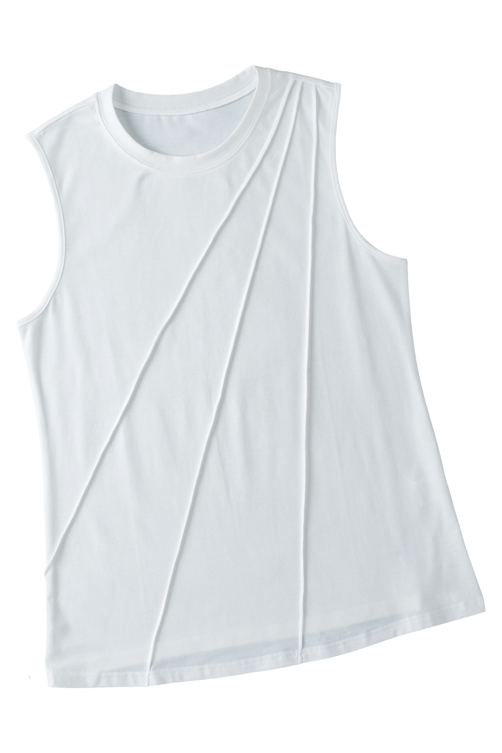 White Solid Color Crew Neck Pleated Tank Top