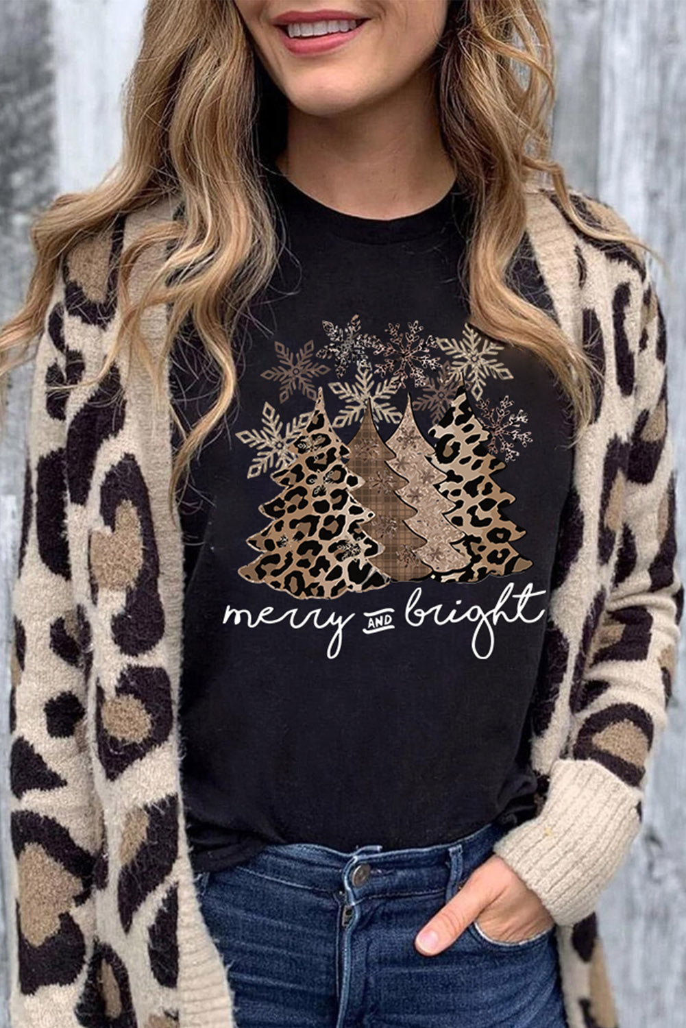 Black Leopard Christmas Tree Crew Neck Graphic T Shirt