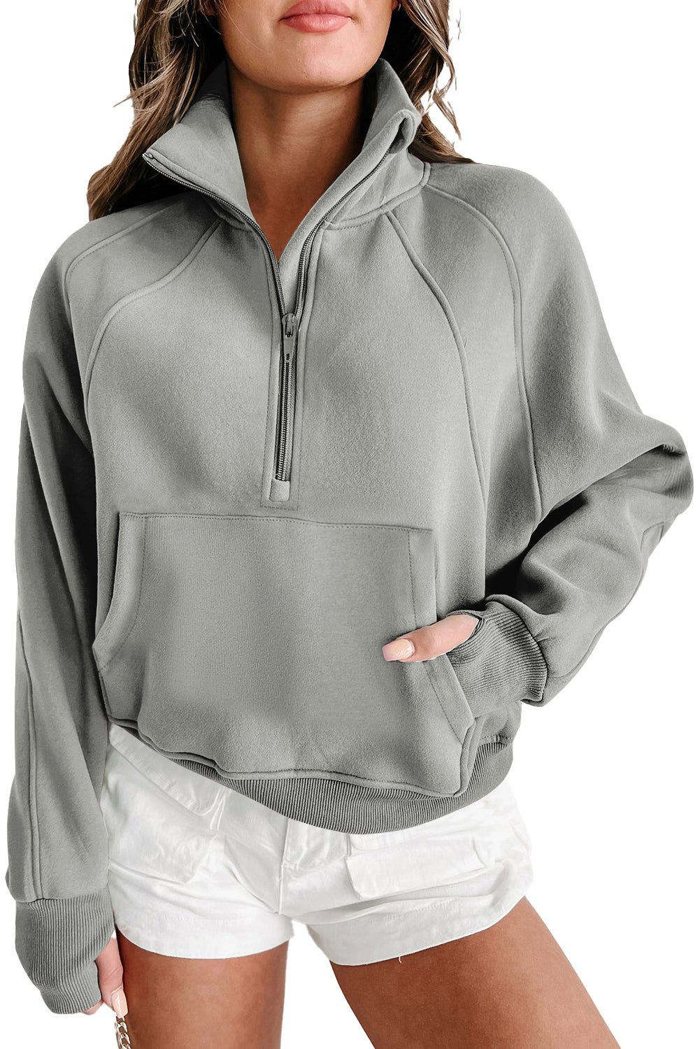 Green Zip Up Stand Collar Ribbed Thumbhole Sleeve Sweatshirt