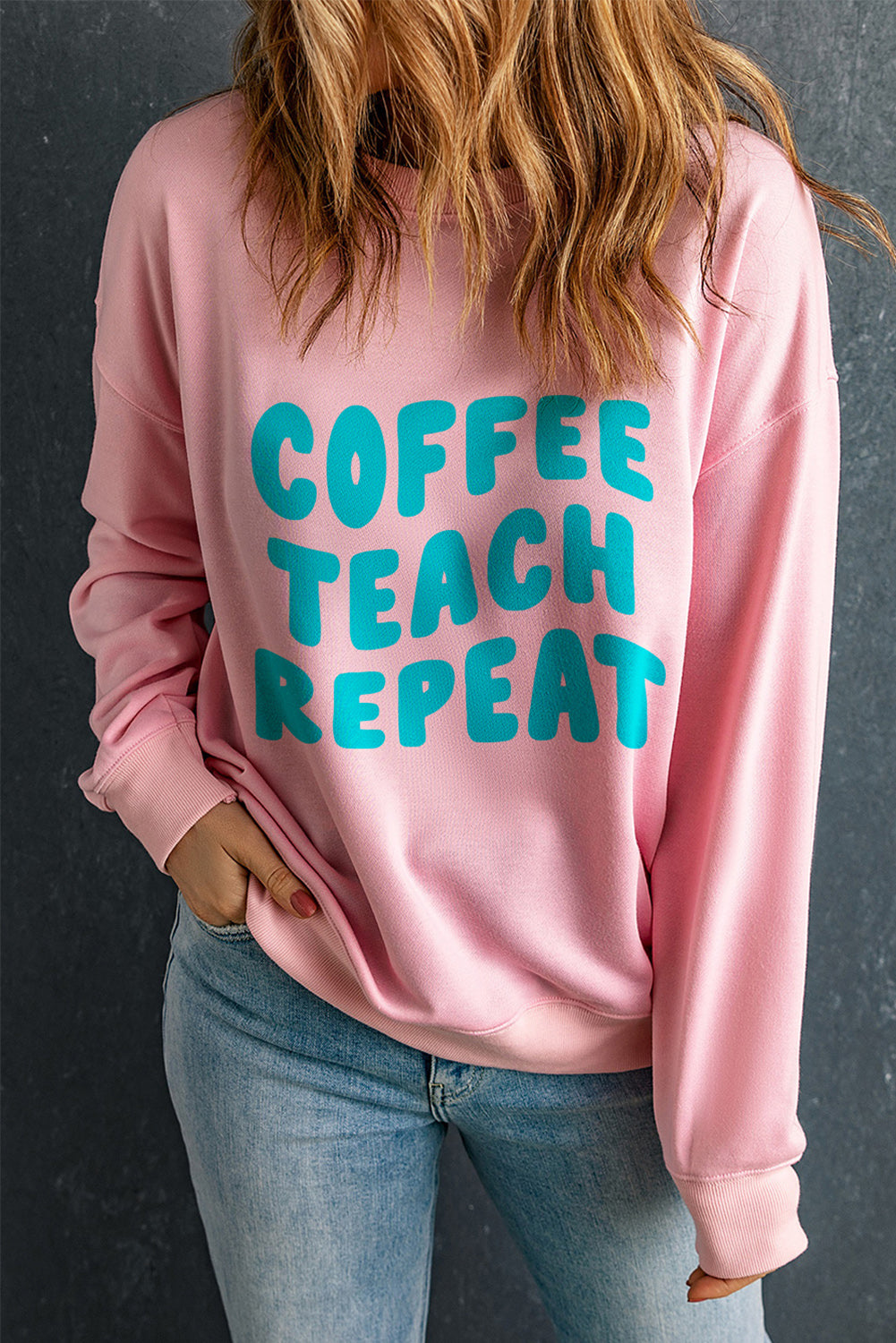 Pink COFFEE TEACH REPEAT Graphic Loose Sweatshirt