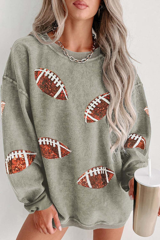 Green Sequin Rugby Graphic Corded Baggy Sweatshirt