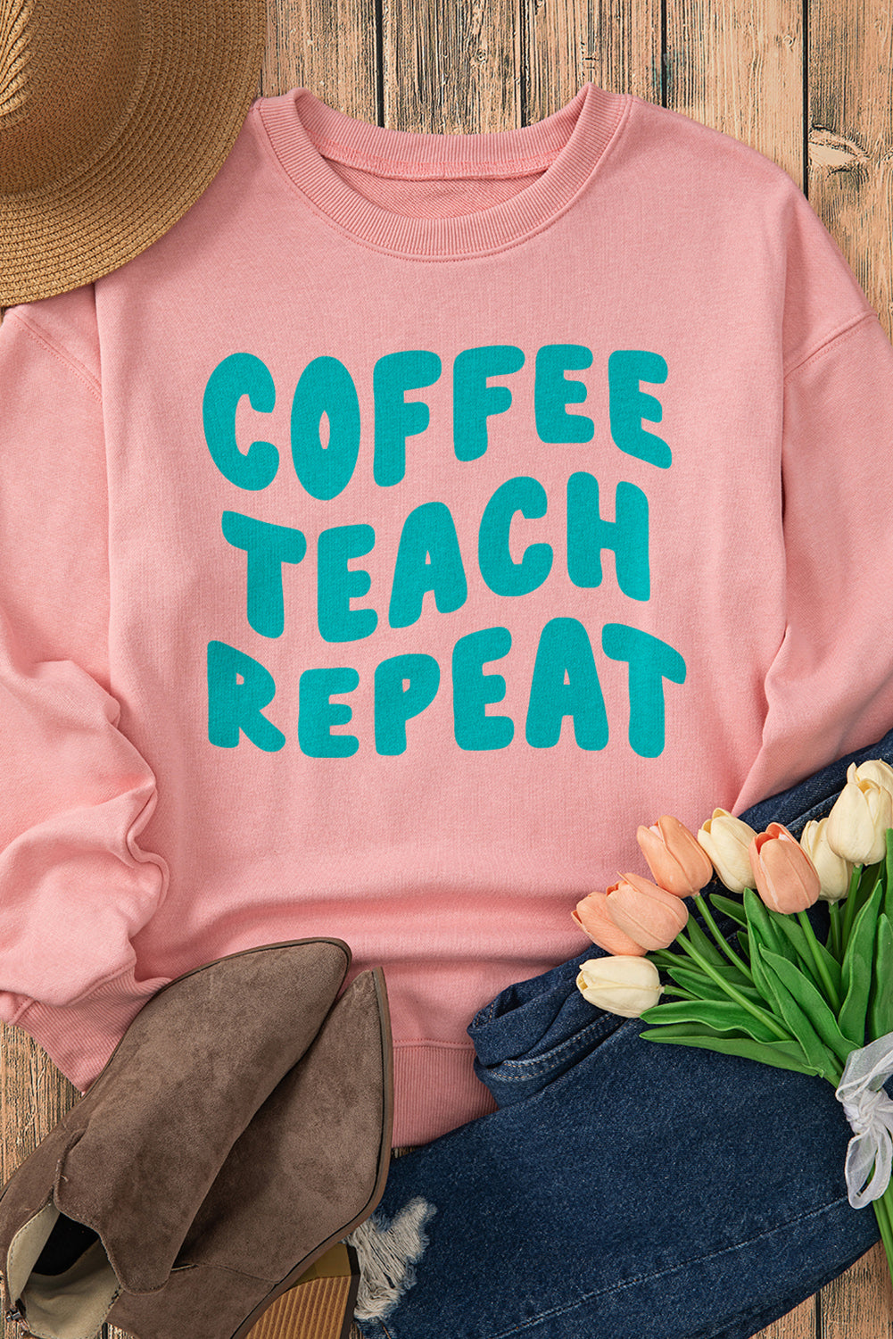 Pink COFFEE TEACH REPEAT Graphic Loose Sweatshirt