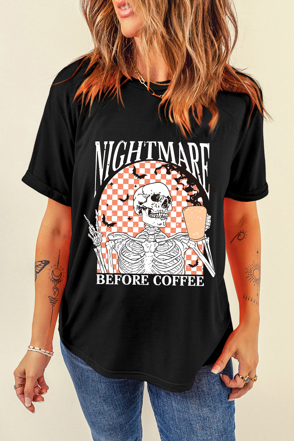 Black Nightmare Before Coffee Letter Print Graphic Tee