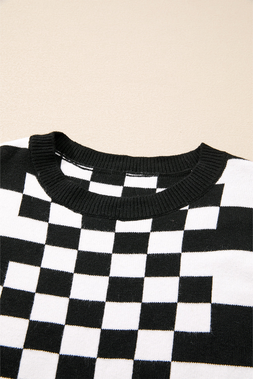 Black Checkered Print Drop Shoulder Round Neck Sweater