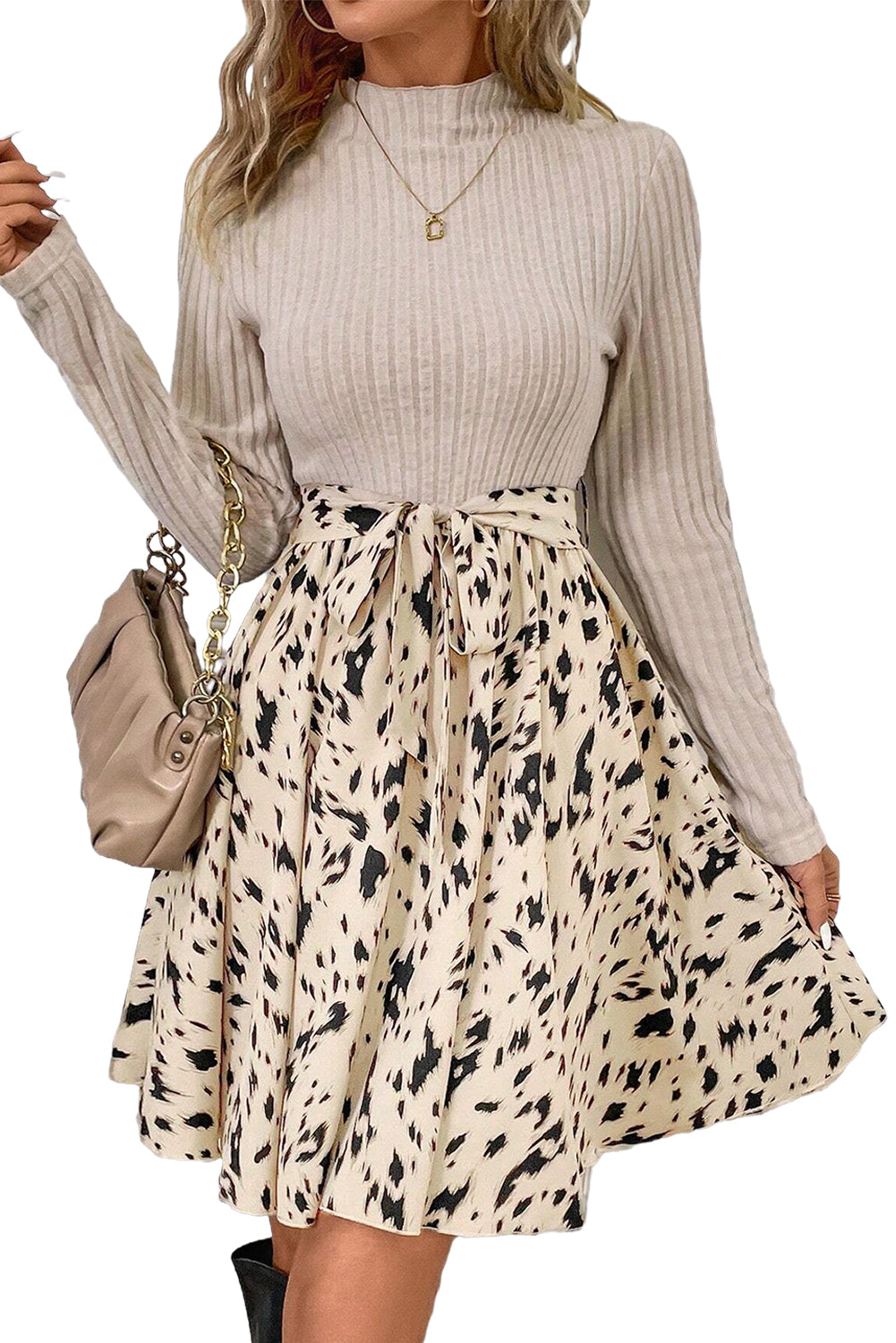 Beige Ribbed Knit Patchwork Abstract Printed Belted Short Dress