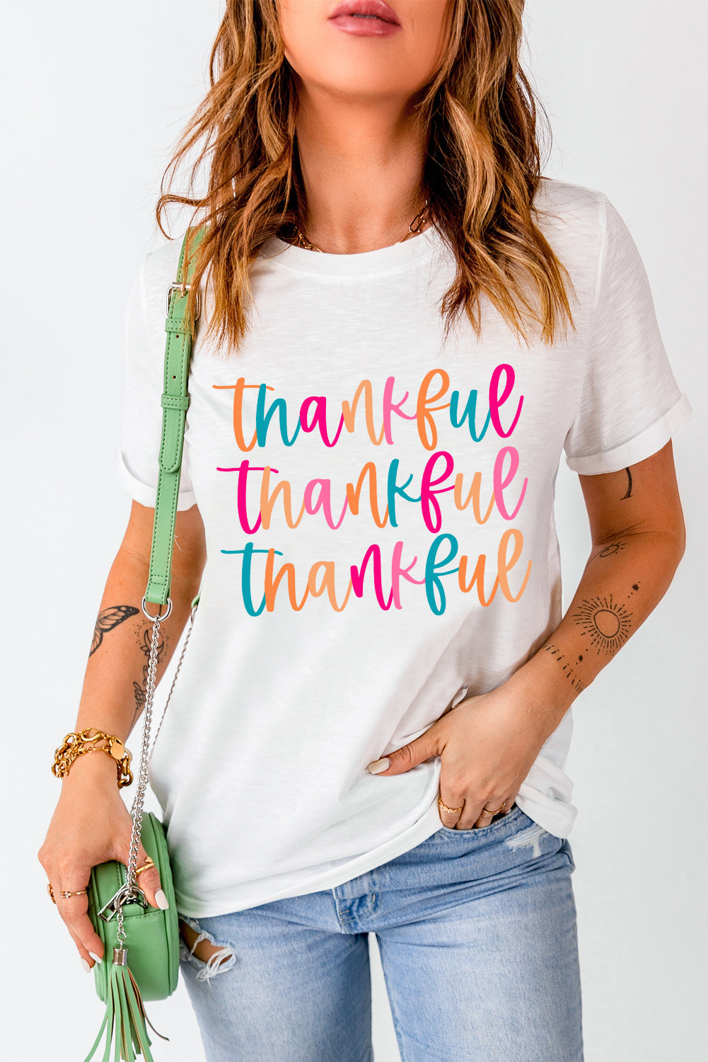 White Colorful Thankful Print Thanksgiving Graphic T-Shirt