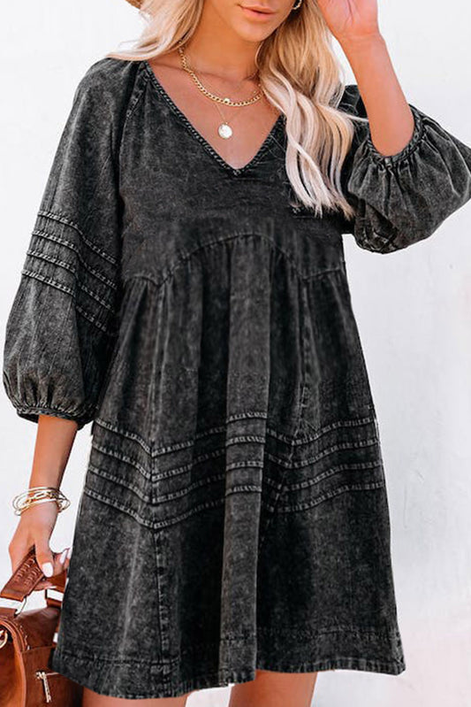 Black Dark Wash Empire Waist V Neck Denim Dress