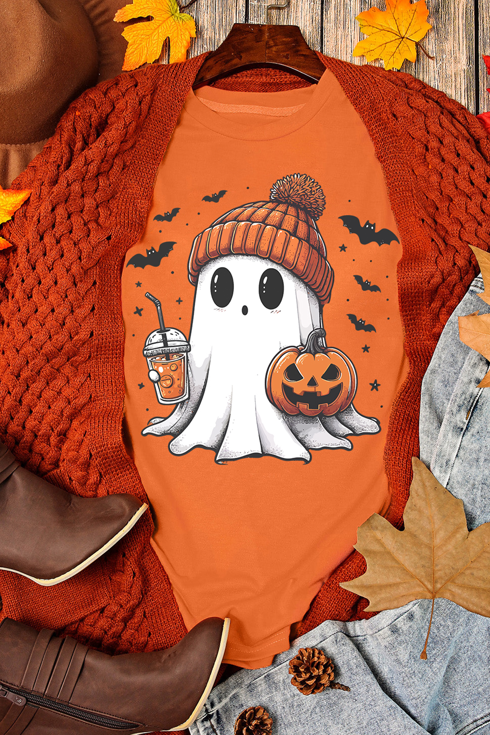 Orange Cute Ghost Pumpkin Print Halloween T Shirt