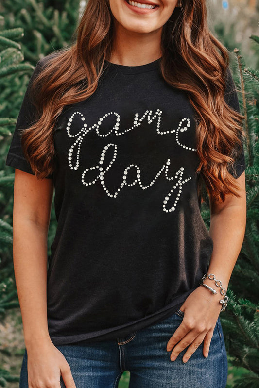 Black Game Day Letter Rhinestone Print Graphic Tee