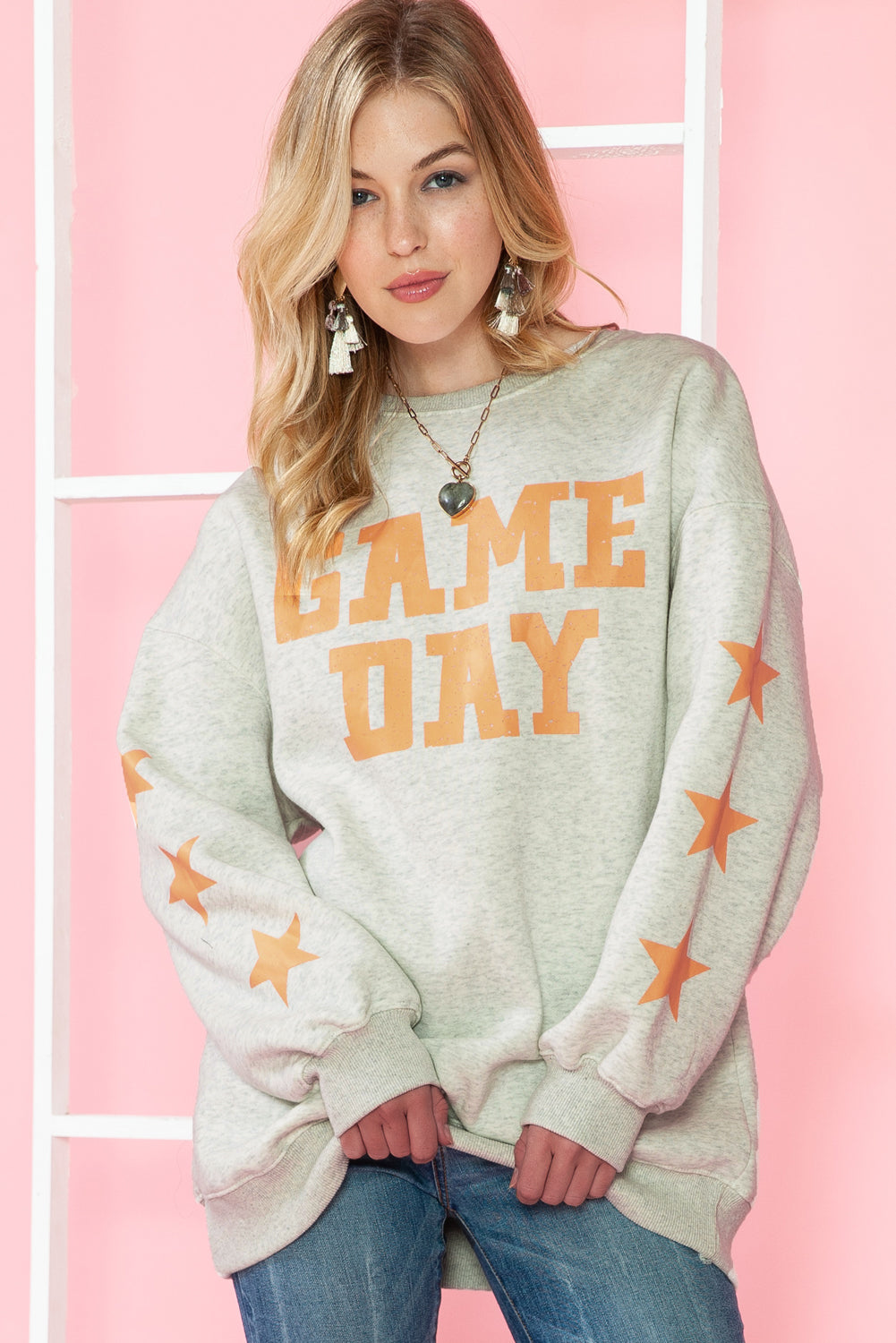 Black Lettering Game Day Print Star Sleeve Sweatshirt