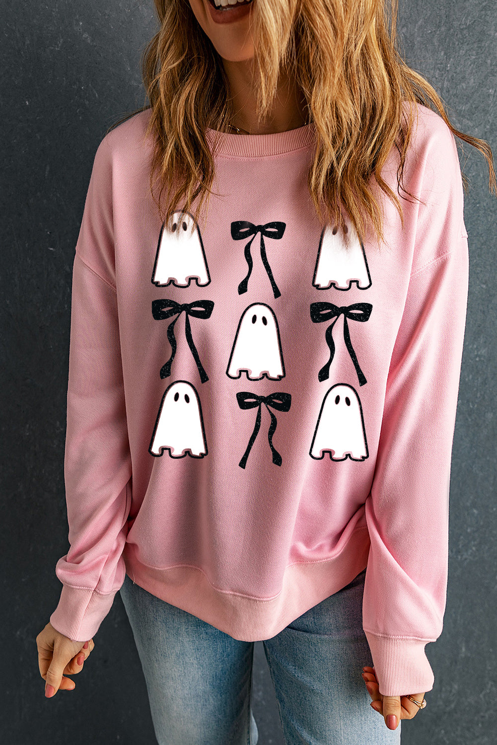 Pink Ghost Bowknot Print Drop Shoulder Halloween Graphic Sweatshirt