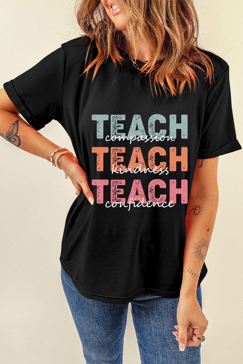 Black TEACH Letter Graphic Crewneck T Shirt