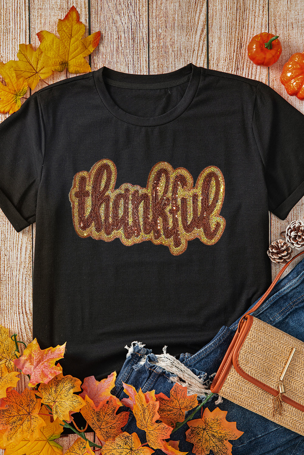 Black Sequined Thankful Round Neck Graphic Tee