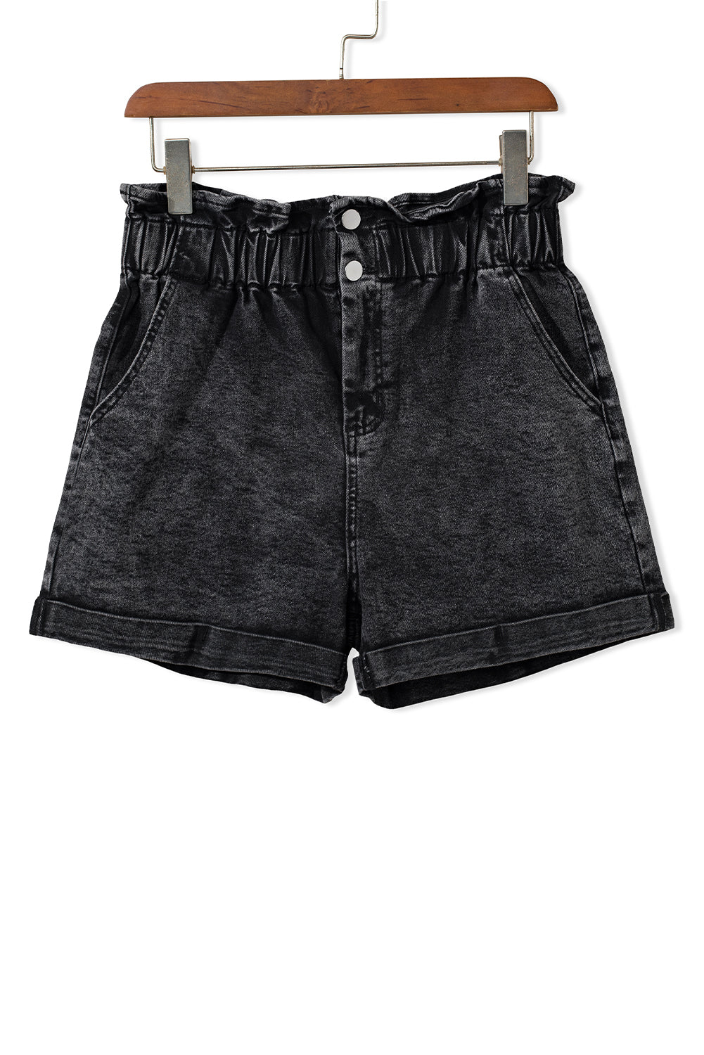 Black Vintage Washed Frilled High Waist Denim Shorts