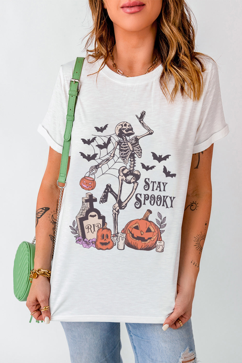 White Skull Pumpkin STAY SPOOKY Graphic Halloween T Shirt