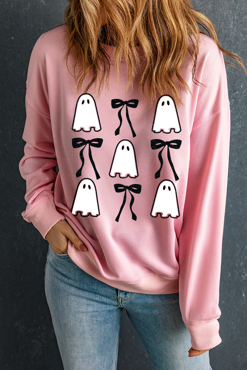 Pink Ghost Bowknot Print Drop Shoulder Halloween Graphic Sweatshirt