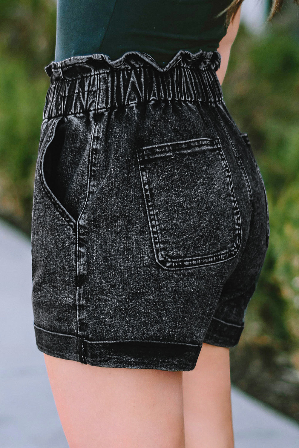 Black Vintage Washed Frilled High Waist Denim Shorts