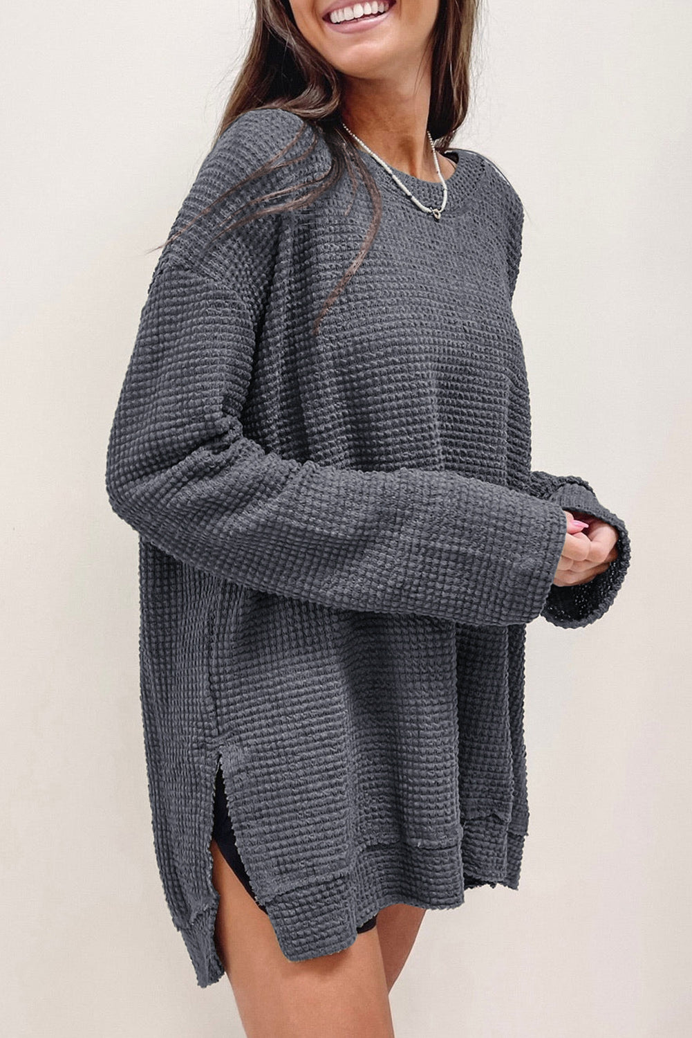 Green Waffle Knit Drop Sleeve High Slits Oversized Top