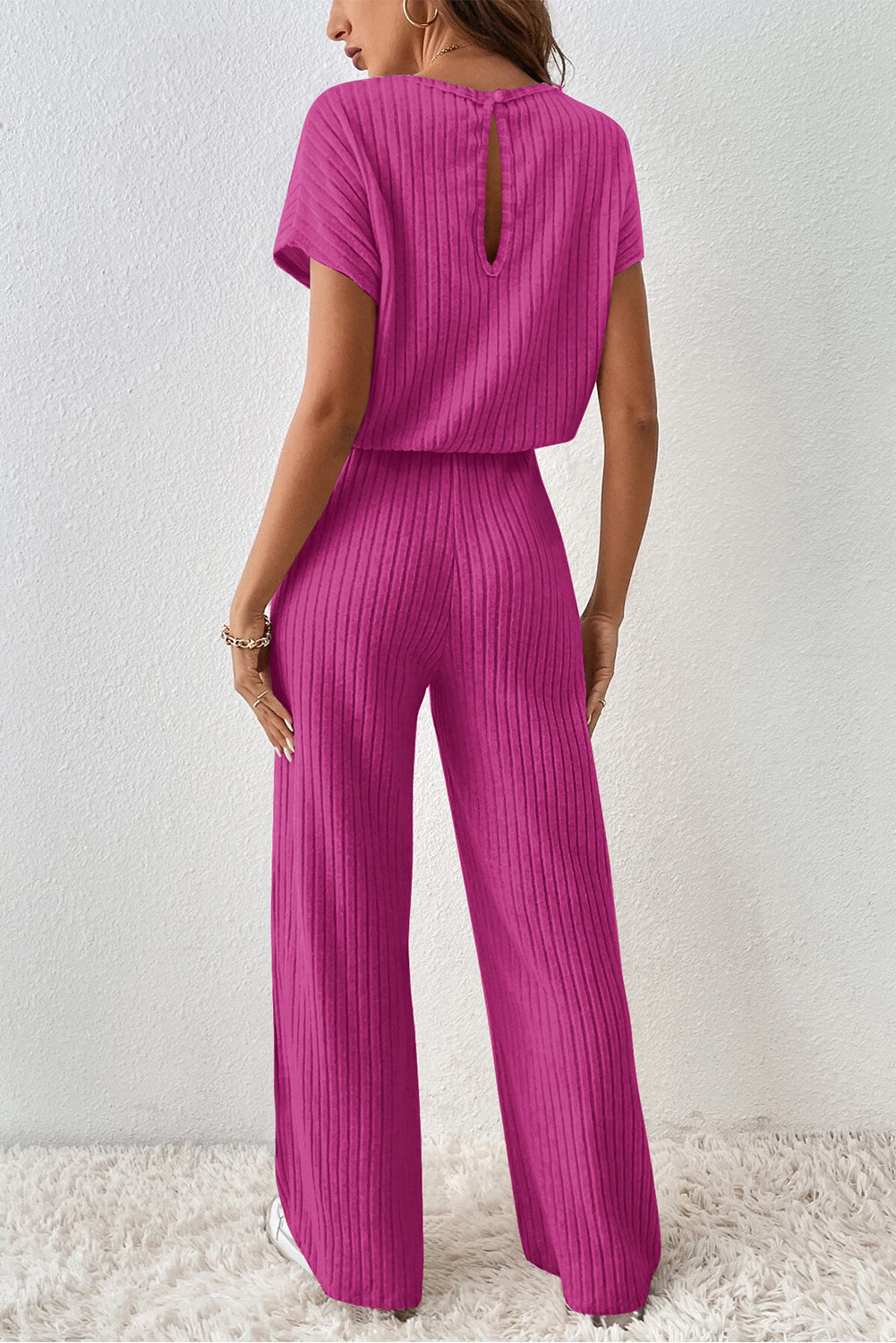 Black Solid Color Ribbed Short Sleeve Wide Leg Jumpsuit