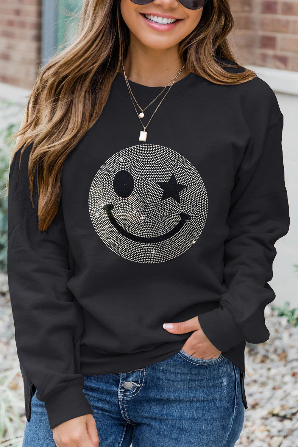 Black Rhinestone Smile Face Pattern High Low Hem Sweatshirt