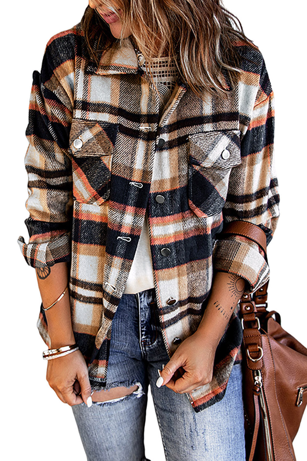 Multicolor Plaid Casual Button Up Flannel Shacket