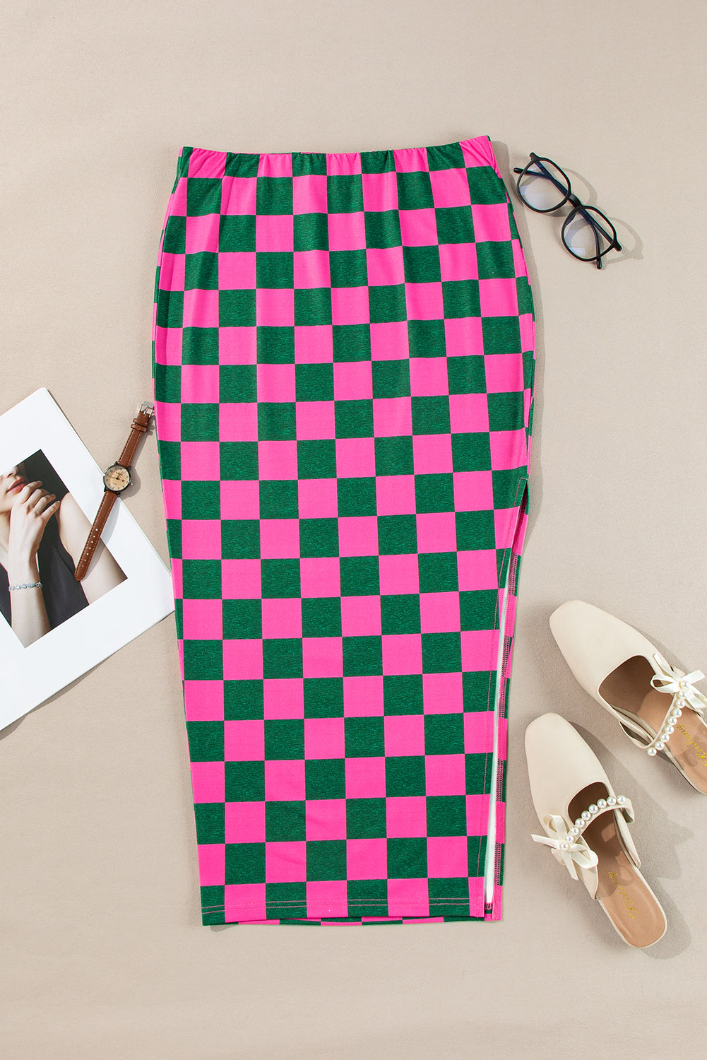 Rose Checkered Print Side Slit Slim Fit Midi Skirt