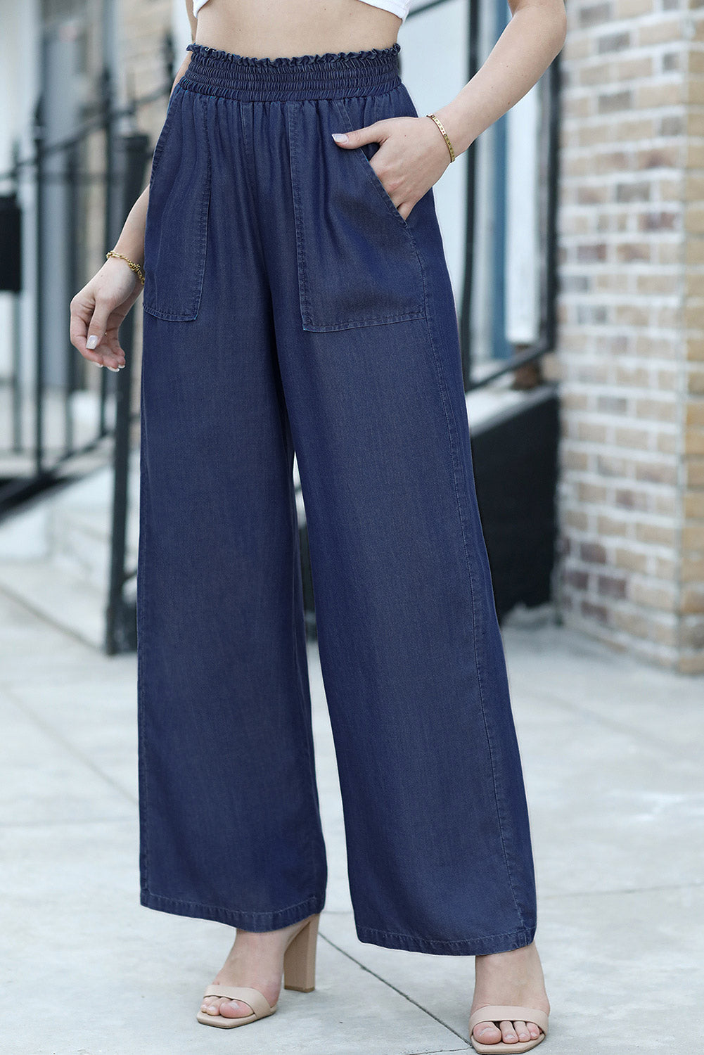 Black Side Pockets Frilled Smocked High Waist Wide Leg Jeans