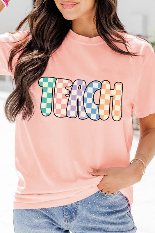 Pink Checkerboard TEACH Graphic Crew Neck T Shirt