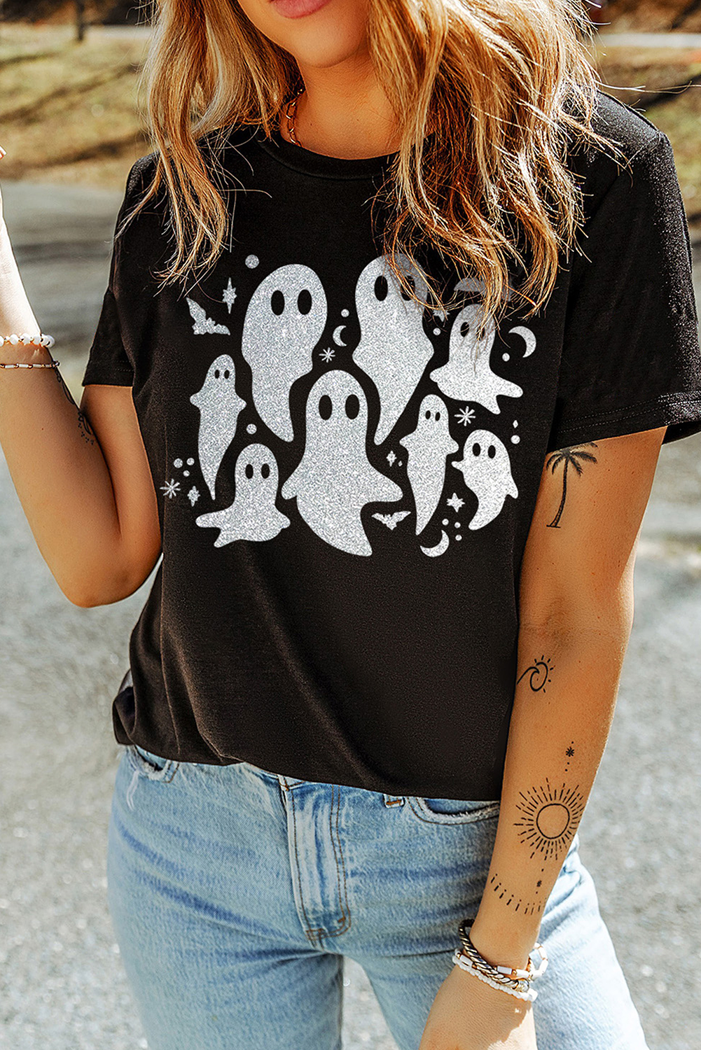 Black Halloween Glitter Ghost Pattern Graphic T Shirt