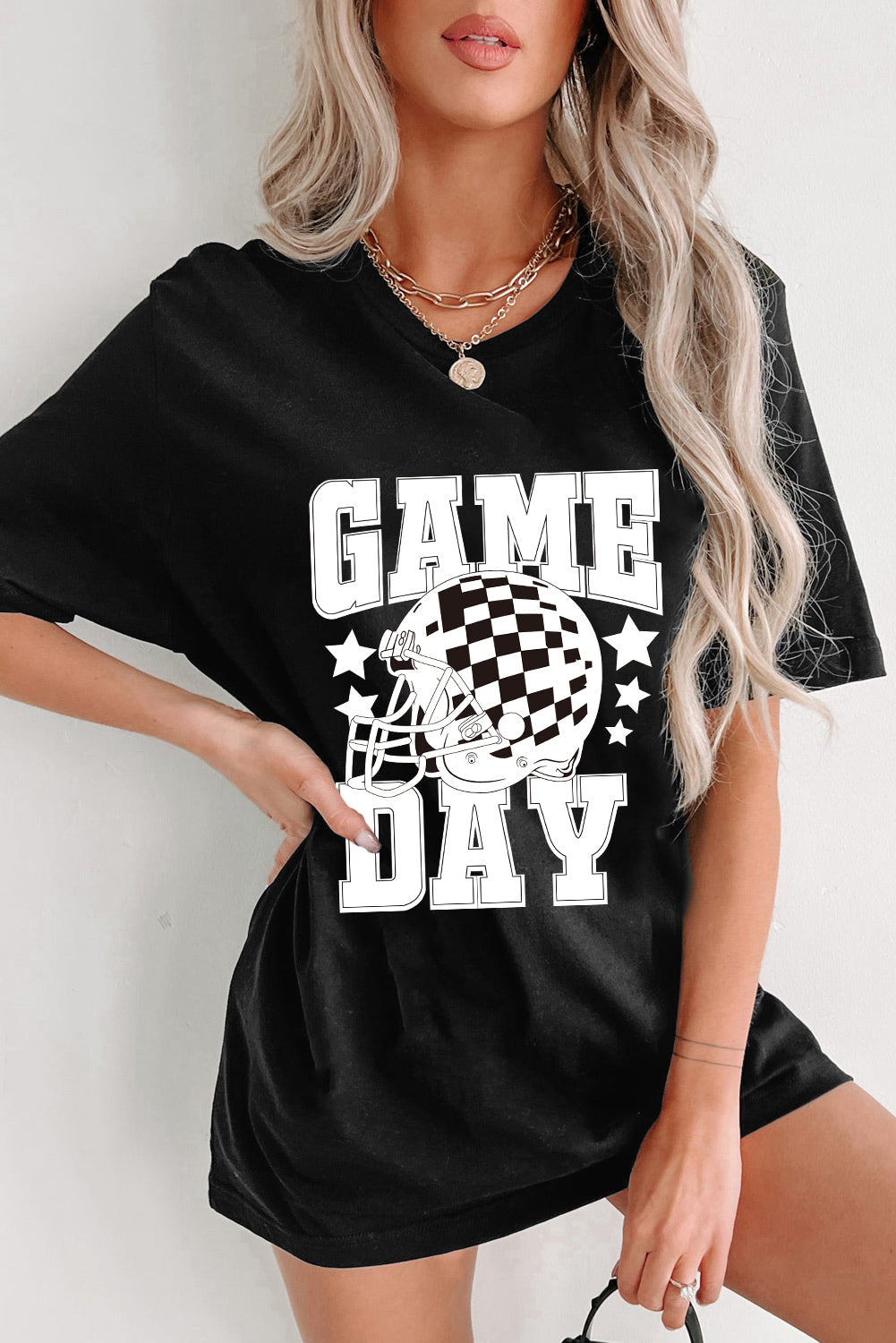 Black GAME DAY Checkerboard Rugby Helmet Printed Tunic T Shirt