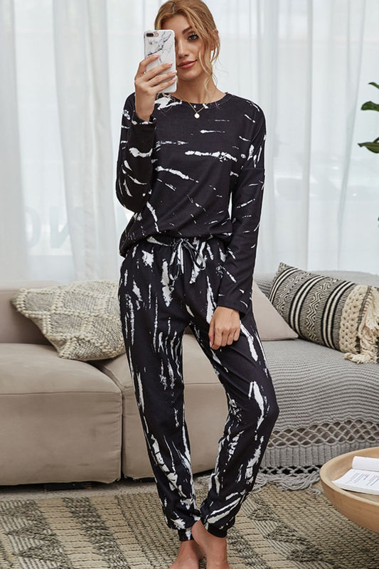 Shiny Tie-Dye Round Neck Top and Drawstring Waist Joggers Lounge Set