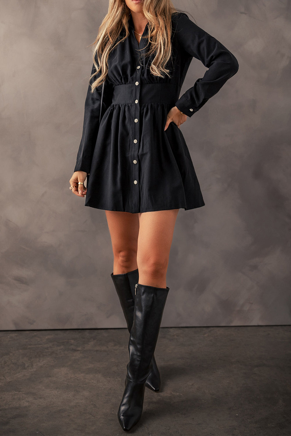 Black Buttoned High Waist Long Sleeve Mini Dress