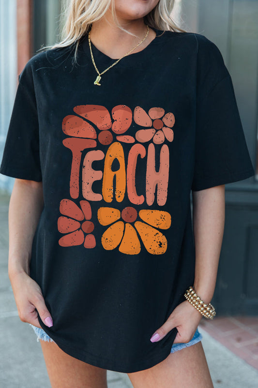 Black TEACH Crew Neck Casual T Shirt