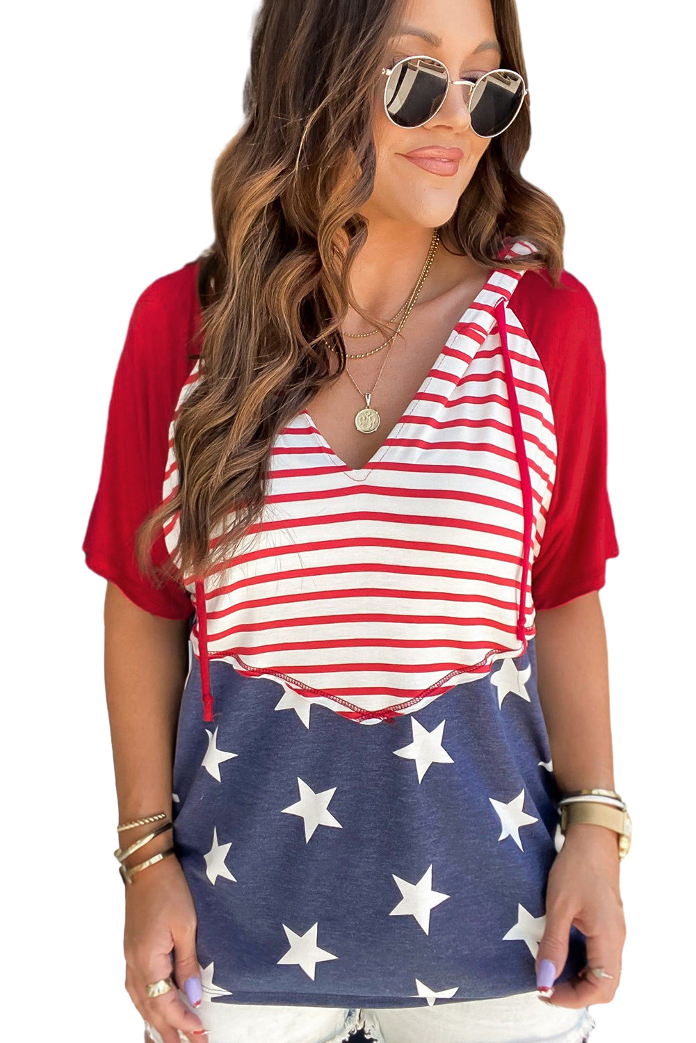 Fiery Red Stars and Stripes Print Drawstring Hooded T Shirt