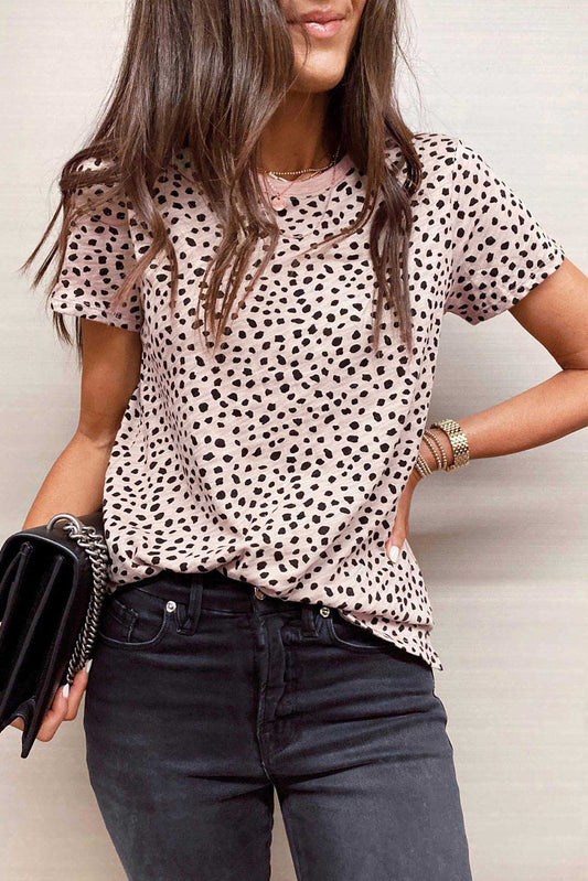 Red Cheetah Print Casual Short Sleeve Crew Neck T Shirt