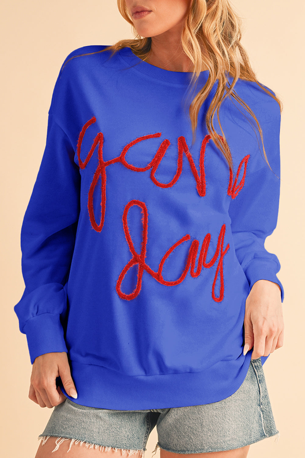 Dark Blue Tinsel Game Day Drop Shoulder Sweatshirt