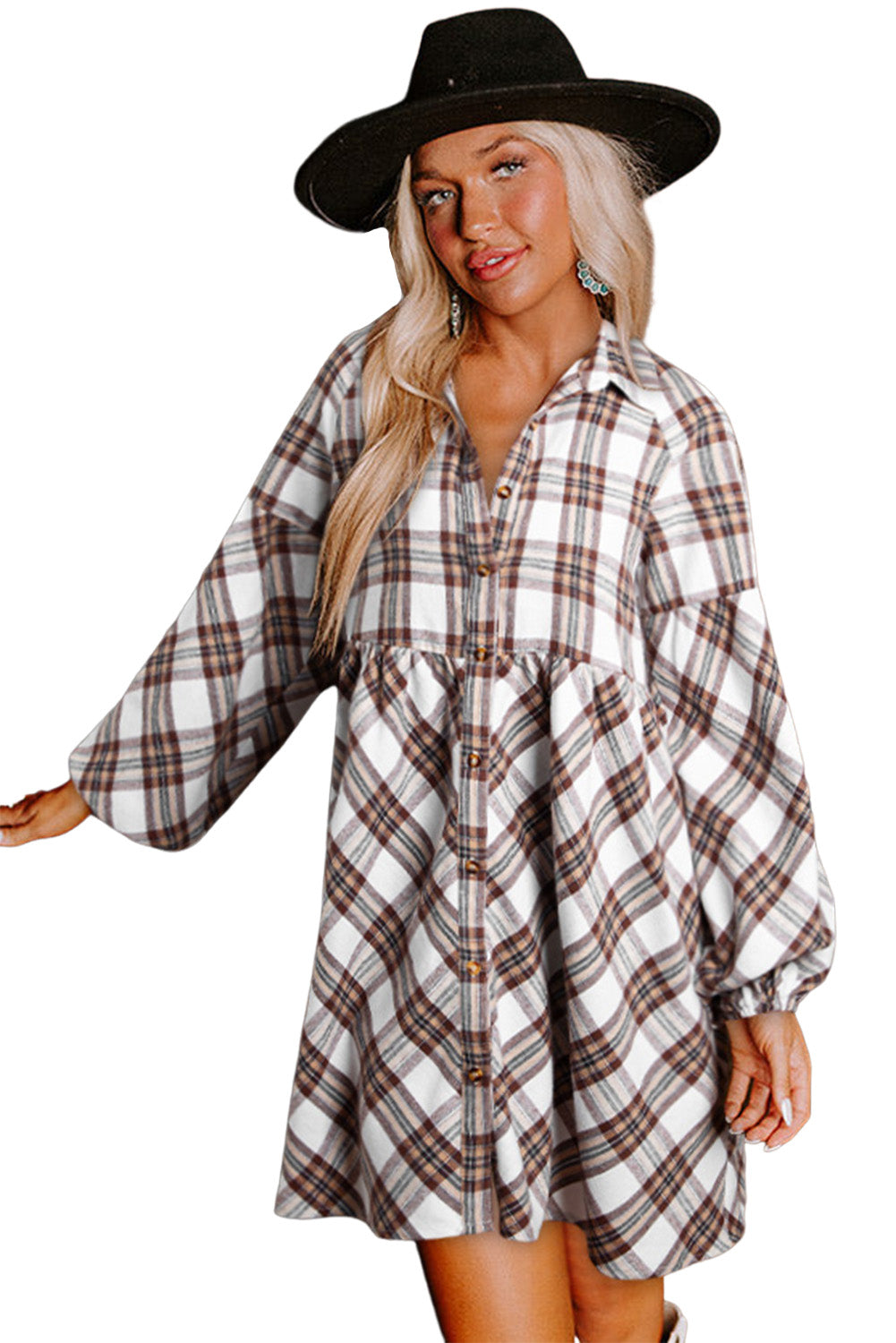 White Plaid Bubble Sleeve Flowy Shirt Dress