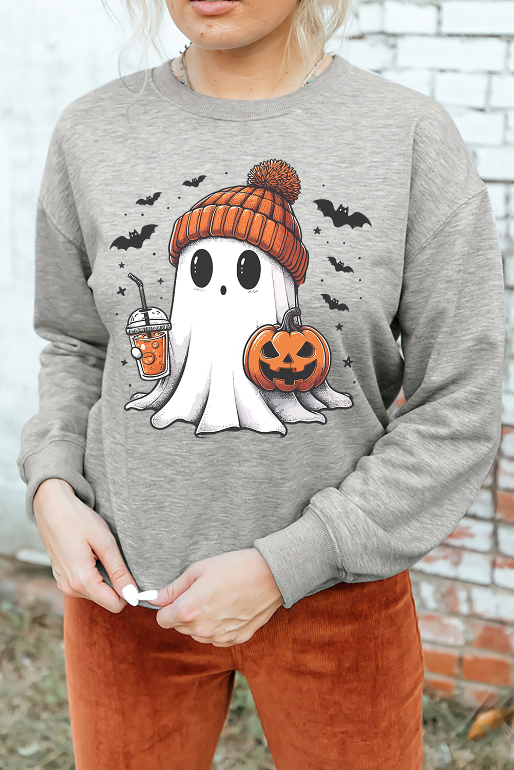 Gray Halloween Ghost Print Crewneck Drop Shoulder Sweatshirt