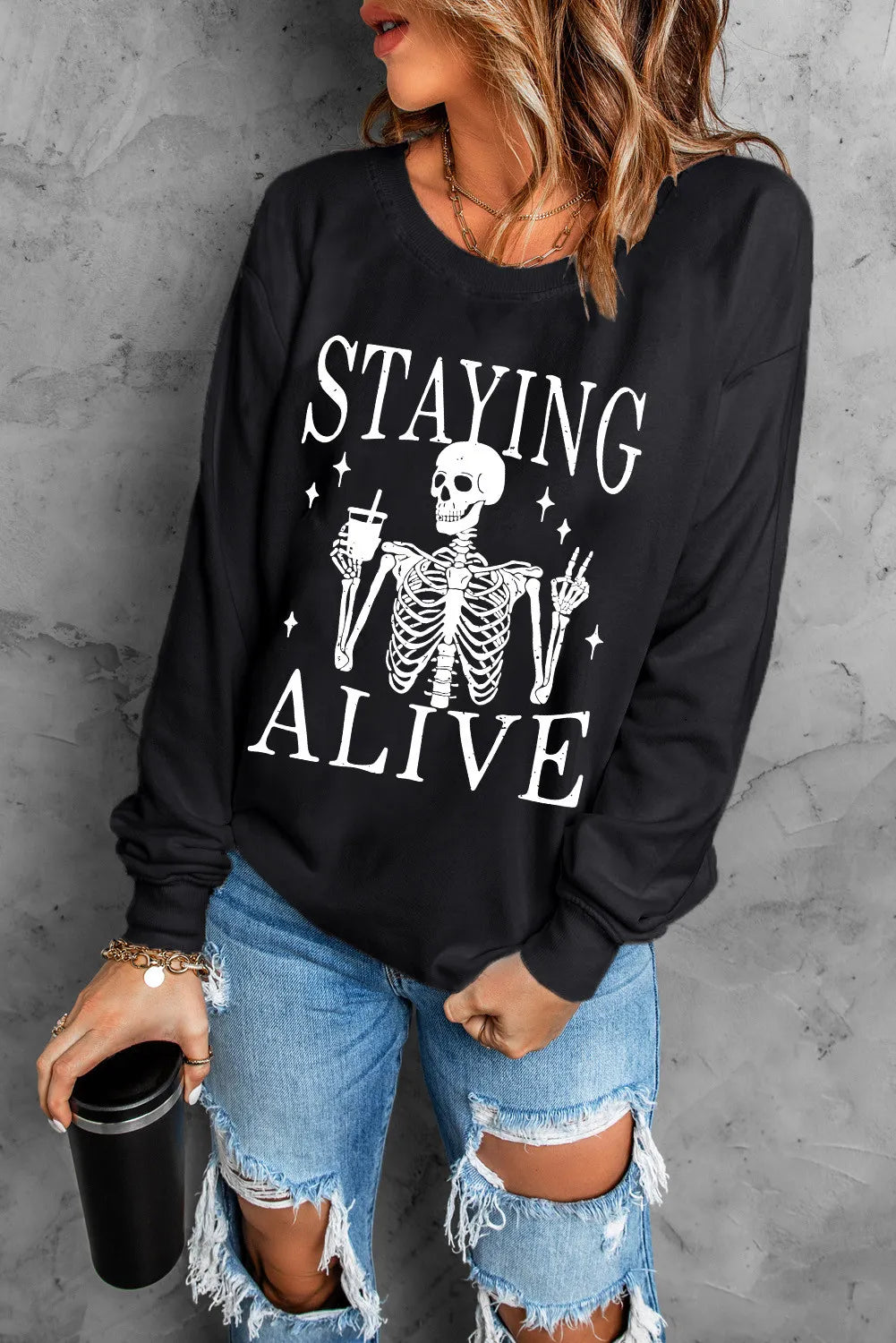 Skull Graphic Round Neck Long Sleeve Sweatshirt