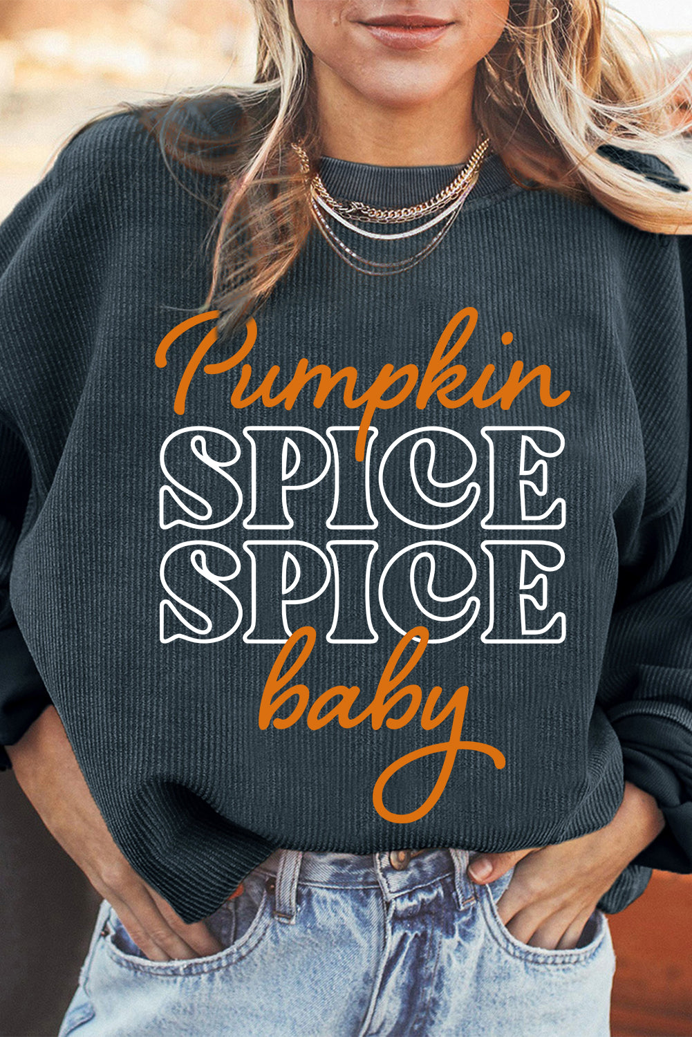 Dark Grey Thanksgiving Pumpkin Spice Baby Graphic Textured Sweatshirt