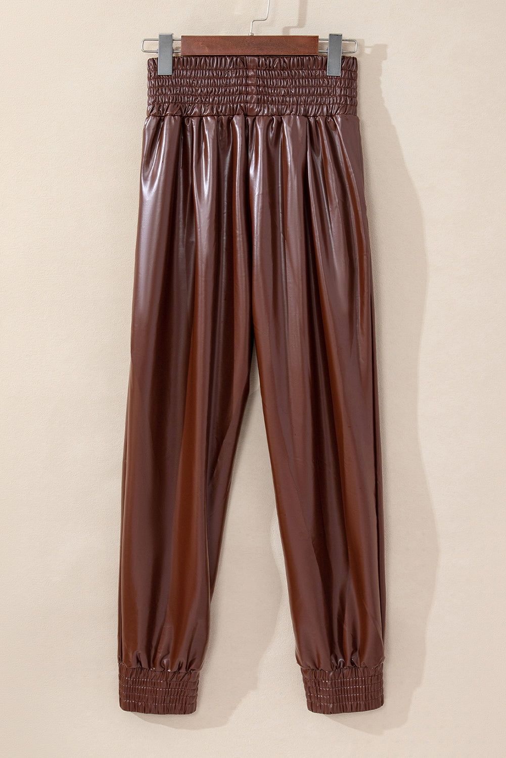 Brown Smocked High Waist Leather Skinny Pants