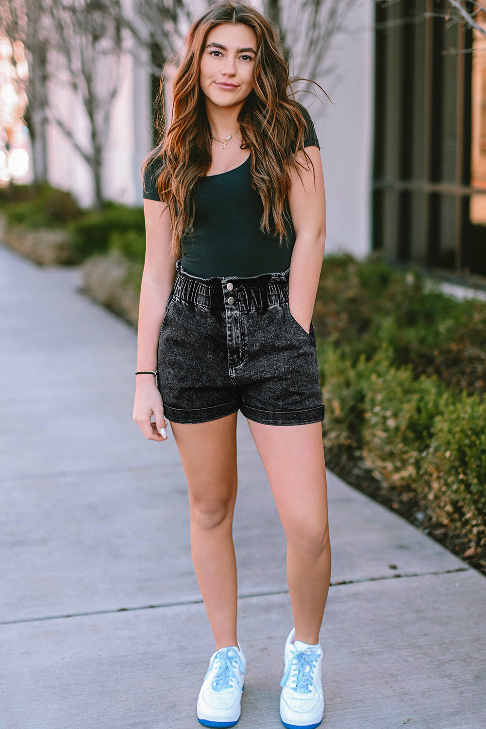 Black Vintage Washed Frilled High Waist Denim Shorts